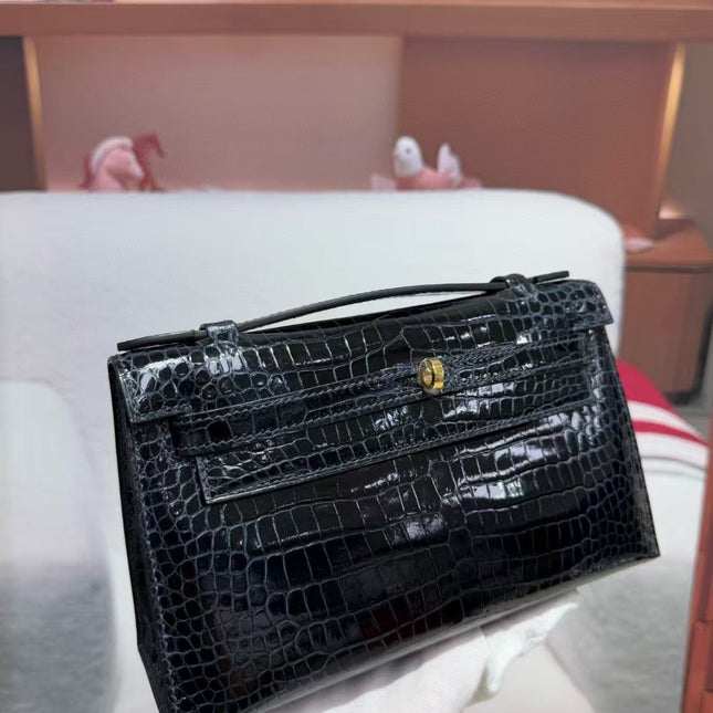 HM KELLY MINI 22 IN BLACK AMERICAN ALLIGATOR GOLD BUCKLE