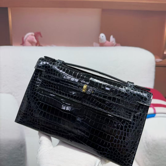 HM KELLY MINI 22 IN BLACK AMERICAN ALLIGATOR GOLD BUCKLE
