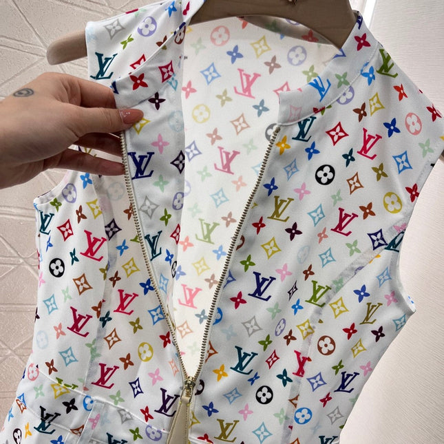 LV ZIP FRONT MONOGRAM SLEEVELESS DRESS IN MULTICOLOR COTTON