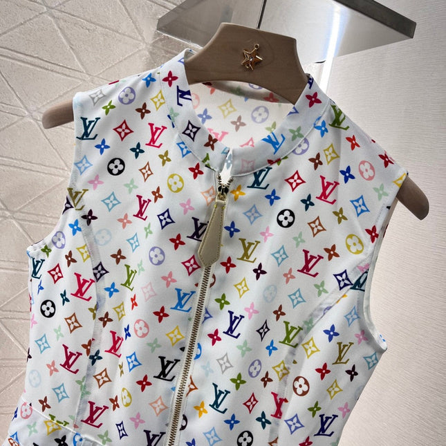 LV ZIP FRONT MONOGRAM SLEEVELESS DRESS IN MULTICOLOR COTTON