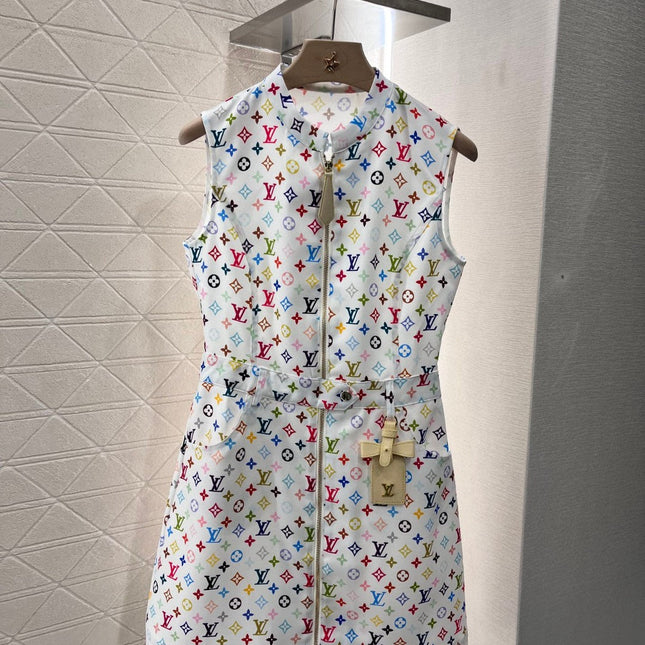 LV ZIP FRONT MONOGRAM SLEEVELESS DRESS IN MULTICOLOR COTTON