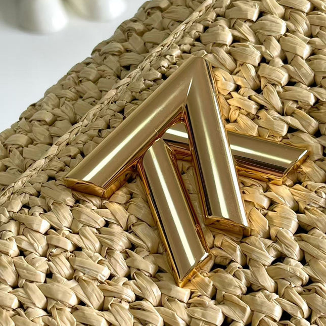 LV SHOULDER BAG 24 IN BEIGE WOVEN RAFFIA GOLD HARDWARE