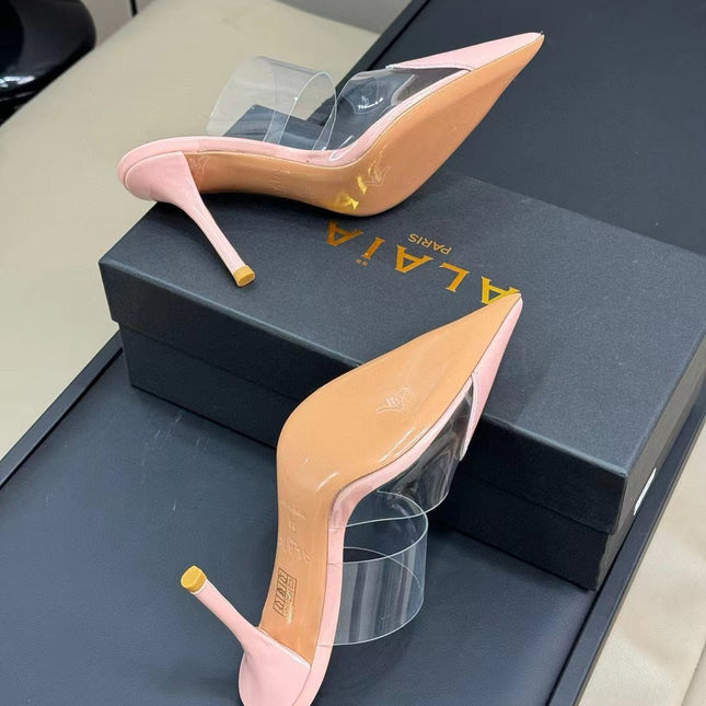 ALAIA HIGH MULES IN LIGHT PINK PATENT CALFSKIN AND FILM