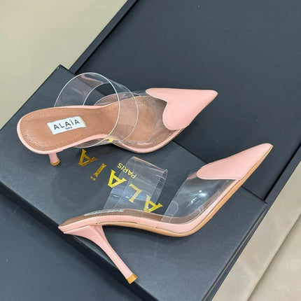 ALAIA HIGH MULES IN LIGHT PINK PATENT CALFSKIN AND FILM