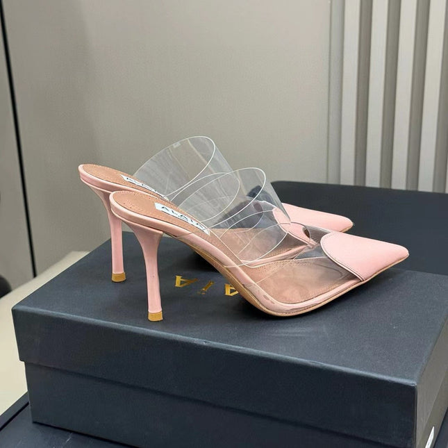 ALAIA HIGH MULES IN LIGHT PINK PATENT CALFSKIN AND FILM