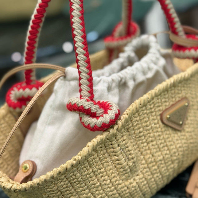 PRA HANDBAG 26 IN BEIGE RAFFIA AND RED WOVEN HANDLES