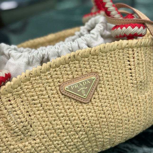 PRA HANDBAG 26 IN BEIGE RAFFIA AND RED WOVEN HANDLES