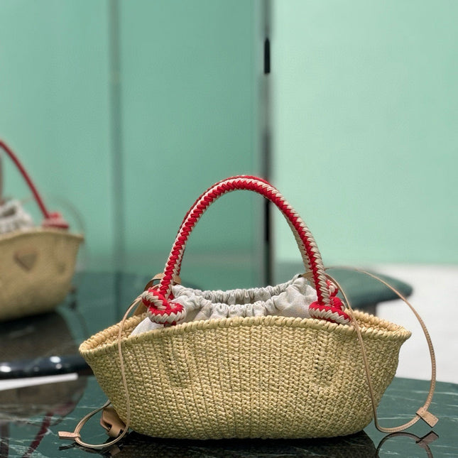 PRA HANDBAG 26 IN BEIGE RAFFIA AND RED WOVEN HANDLES