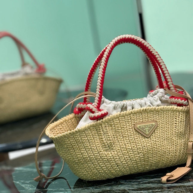PRA HANDBAG 26 IN BEIGE RAFFIA AND RED WOVEN HANDLES