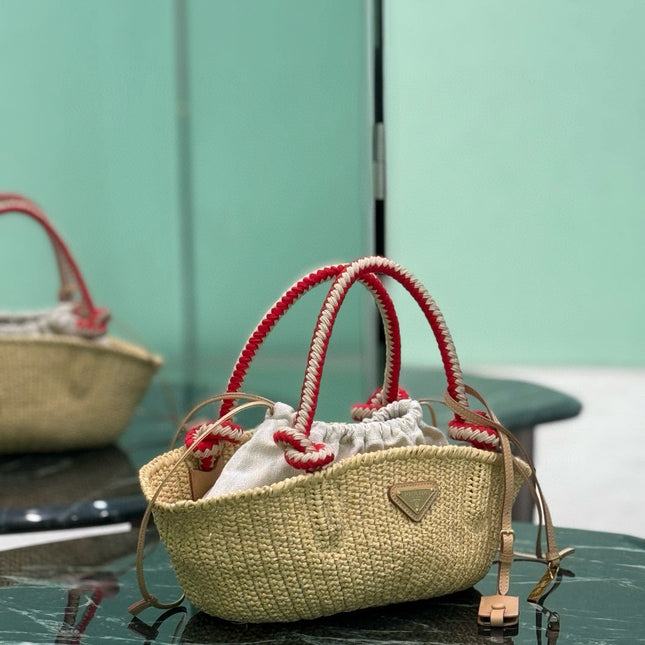 PRA HANDBAG 26 IN BEIGE RAFFIA AND RED WOVEN HANDLES