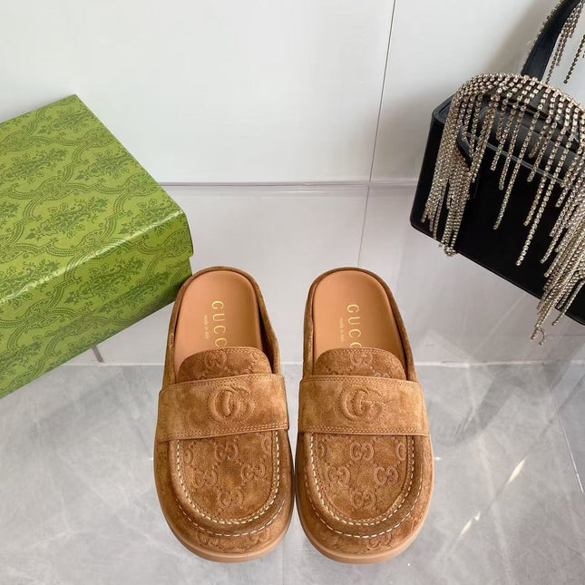 GG LOAFERS IN BROWN MONOGRAM EMBOSSED SUEDE