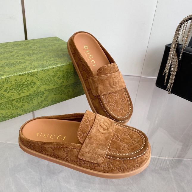 GG LOAFERS IN BROWN MONOGRAM EMBOSSED SUEDE