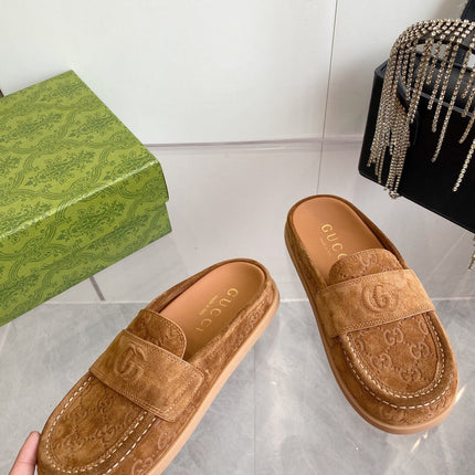 GG LOAFERS IN BROWN MONOGRAM EMBOSSED SUEDE
