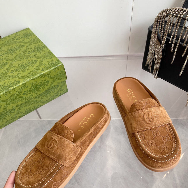 GG LOAFERS IN BROWN MONOGRAM EMBOSSED SUEDE