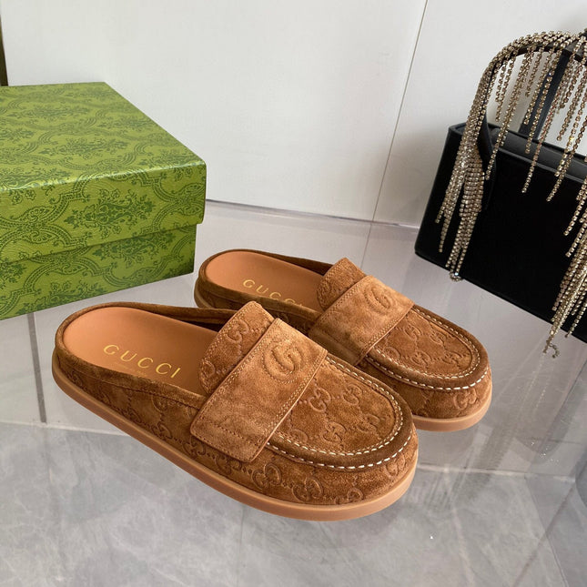 GG LOAFERS IN BROWN MONOGRAM EMBOSSED SUEDE