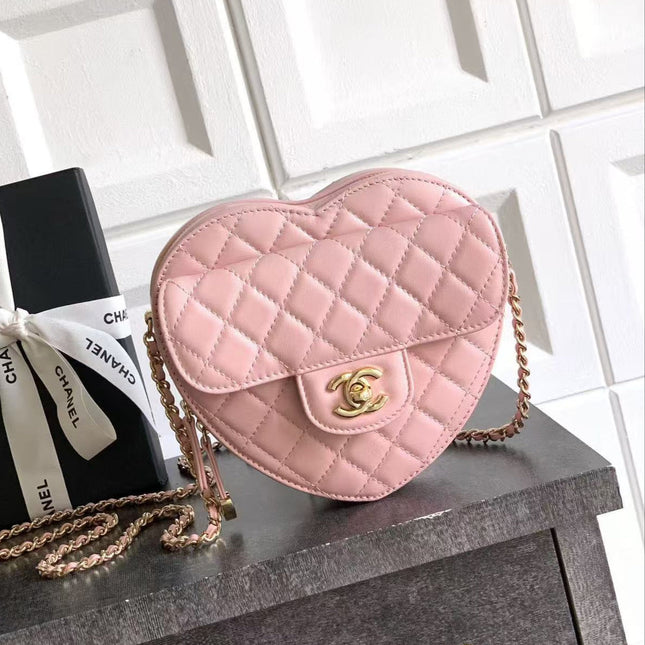 CC HEART QUILTED SHOULDER BAG 19 IN PINK CALFSKIN TP2