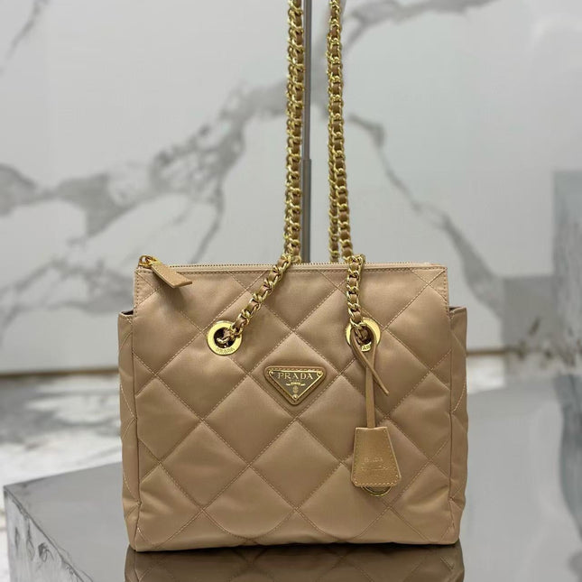 PRADA QUILTED SHOULDER BAG 25 IN LIGHT BROWN CALFSKIN
