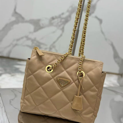 PRADA QUILTED SHOULDER BAG 25 IN LIGHT BROWN CALFSKIN
