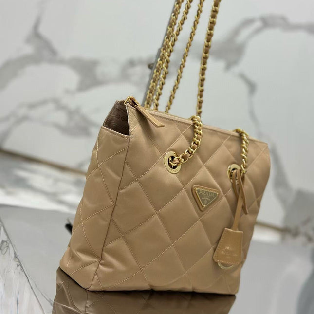 PRADA QUILTED SHOULDER BAG 25 IN LIGHT BROWN CALFSKIN