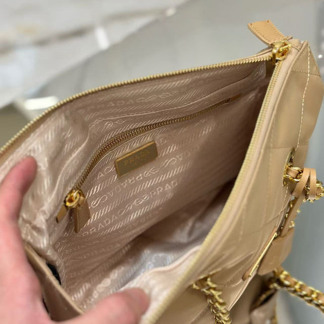 PRADA QUILTED SHOULDER BAG 25 IN LIGHT BROWN CALFSKIN