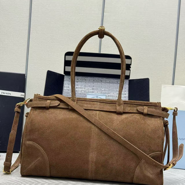 TOTE BAG WITH BELT 38 IN CHOCOLATE BROWN SUEDE GOLD HARDWARE