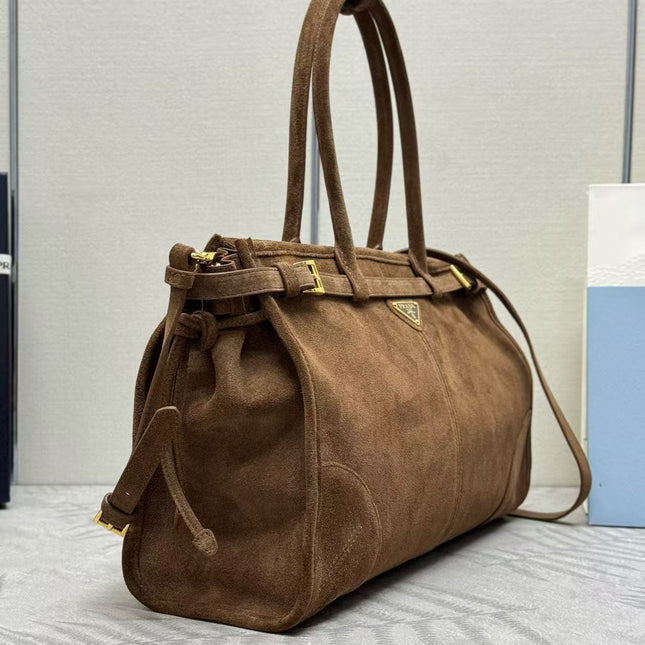 TOTE BAG WITH BELT 38 IN CHOCOLATE BROWN SUEDE GOLD HARDWARE