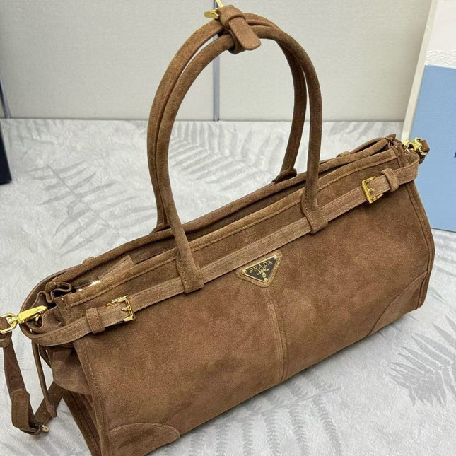 TOTE BAG WITH BELT 38 IN CHOCOLATE BROWN SUEDE GOLD HARDWARE