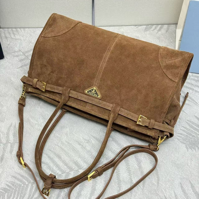 TOTE BAG WITH BELT 38 IN CHOCOLATE BROWN SUEDE GOLD HARDWARE