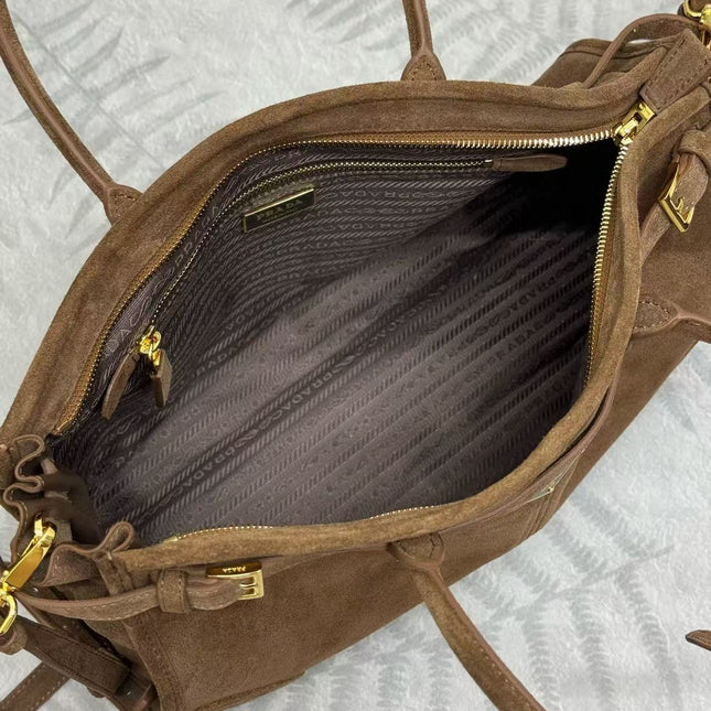 TOTE BAG WITH BELT 38 IN CHOCOLATE BROWN SUEDE GOLD HARDWARE