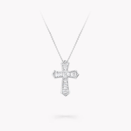 BAGUETTE CUT SILVER DIAMOND CROSS NECKLACE
