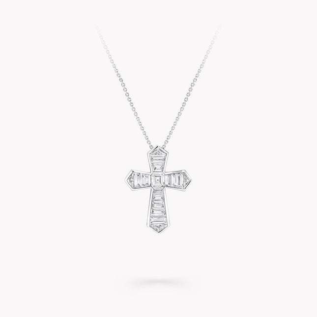 BAGUETTE CUT SILVER DIAMOND CROSS NECKLACE