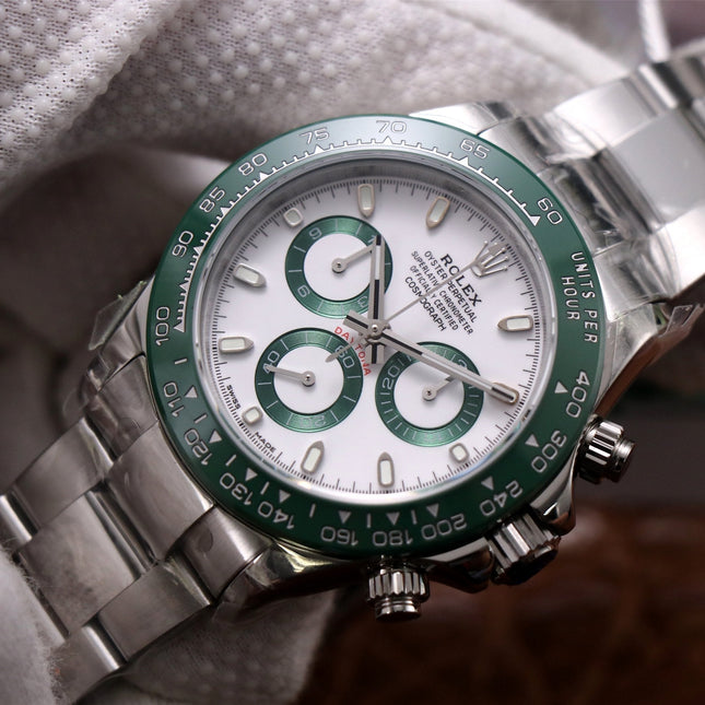 DAYTONA 40MM STEEL CASE GREEN BEZEL WHITE DIAL