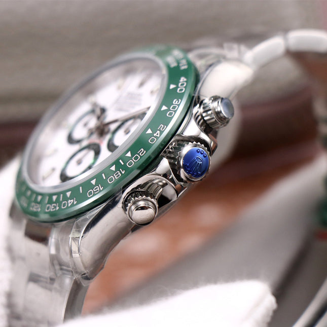 DAYTONA 40MM STEEL CASE GREEN BEZEL WHITE DIAL