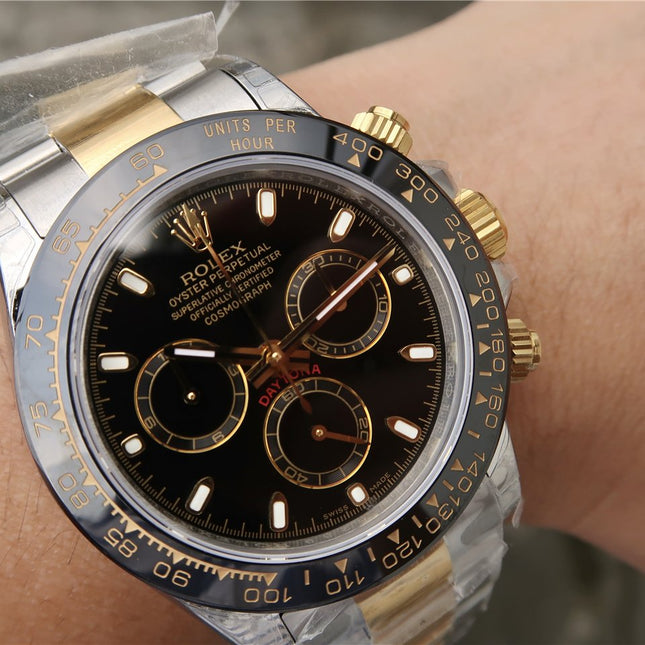 DAYTONA 40MM GOLD STEEL BLACK BEZEL BLACK DIAL