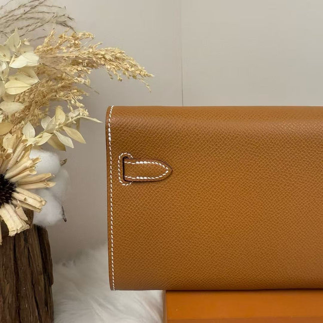 HM KELLY CLASSIQUE TO GO WALLET 20 IN BROWN CALFSKIN GOLD HARDWARE