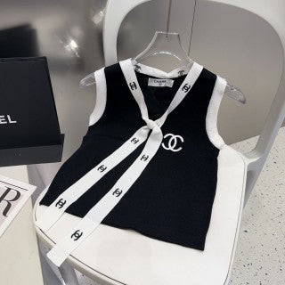 TANK TOP 624515 IN BLACK COTTON RIBBED WHITE TRIM AND BOW