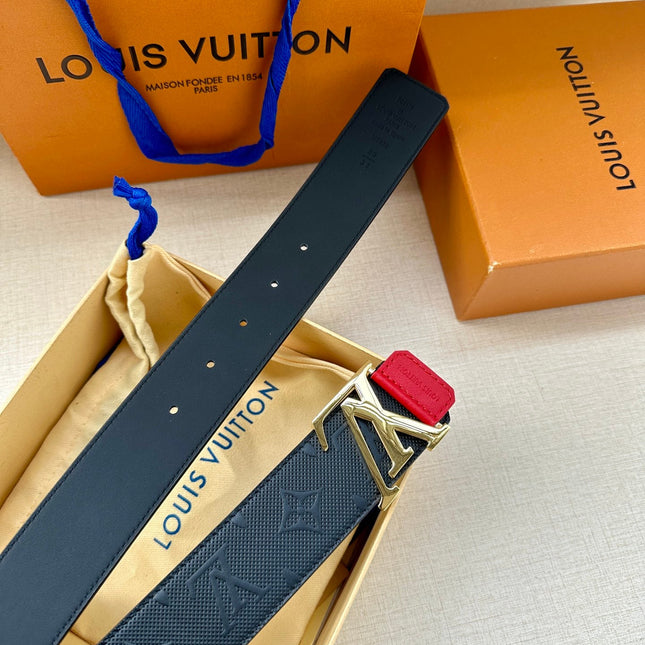 BELT 40MM REVERSIBLE IN BLACK RED MONOGRAM SHADOW CALFSKIN WITH GOLD LV BUCKLE