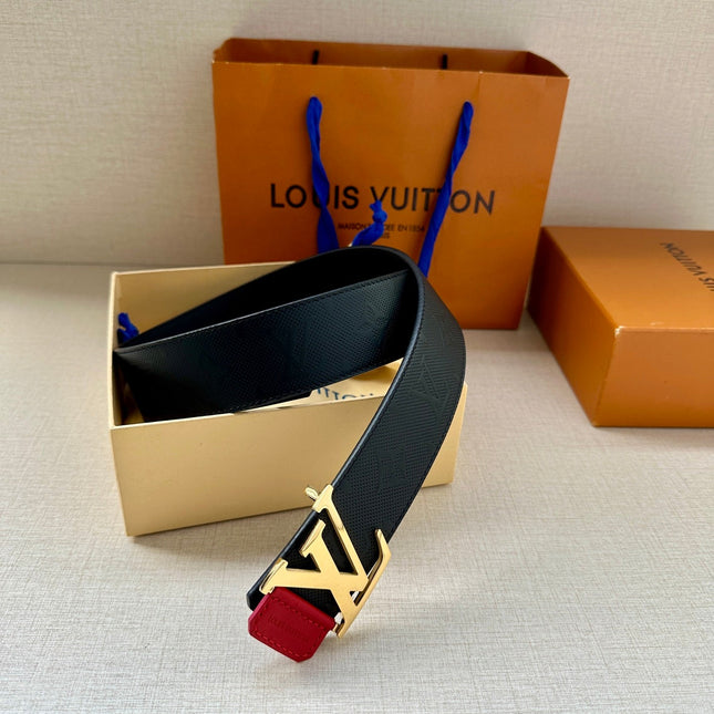 BELT 40MM REVERSIBLE IN BLACK RED MONOGRAM SHADOW CALFSKIN WITH GOLD LV BUCKLE