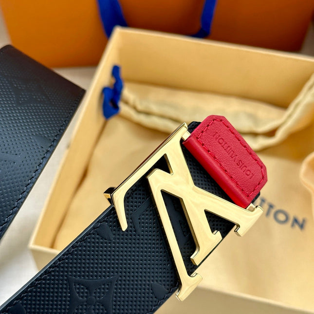 BELT 40MM REVERSIBLE IN BLACK RED MONOGRAM SHADOW CALFSKIN WITH GOLD LV BUCKLE