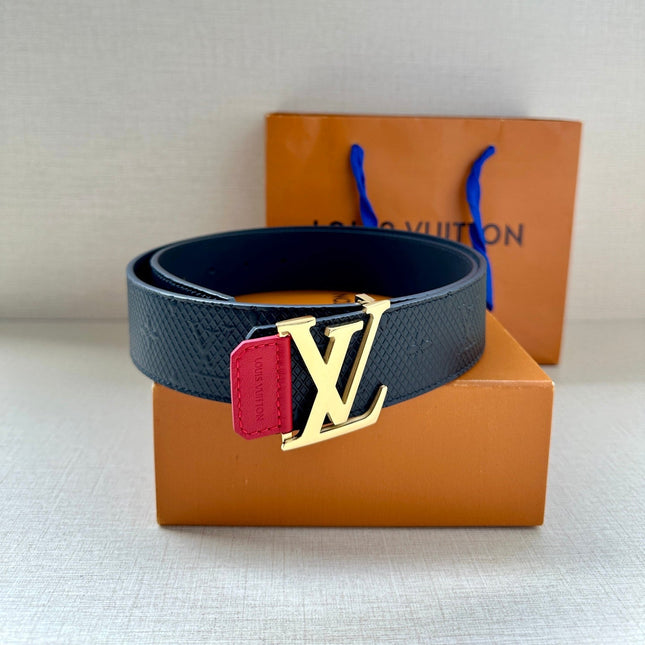 BELT 40MM REVERSIBLE IN BLACK RED MONOGRAM SHADOW CALFSKIN WITH GOLD LV BUCKLE