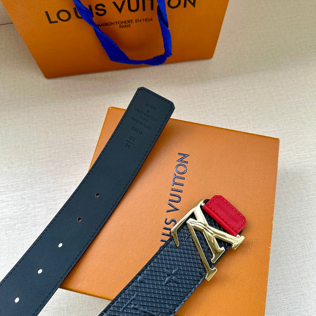 BELT 40MM REVERSIBLE IN BLACK RED MONOGRAM SHADOW CALFSKIN WITH GOLD LV BUCKLE