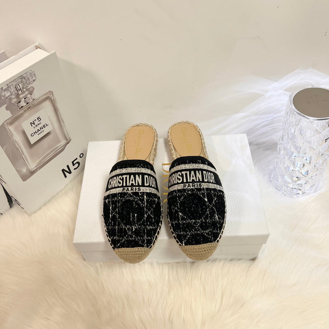 GRANVILLE ESPADRILLE BLACK OBLIQUE EMBROIDERED COTTON MULE