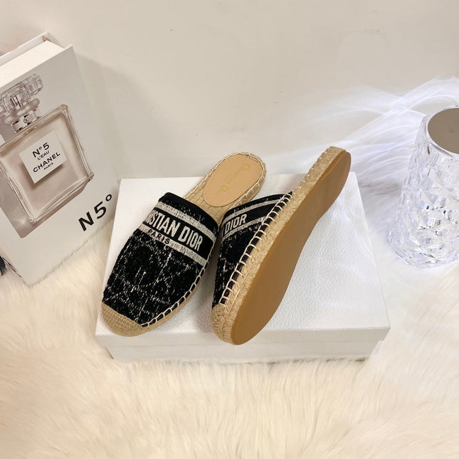 GRANVILLE ESPADRILLE BLACK OBLIQUE EMBROIDERED COTTON MULE