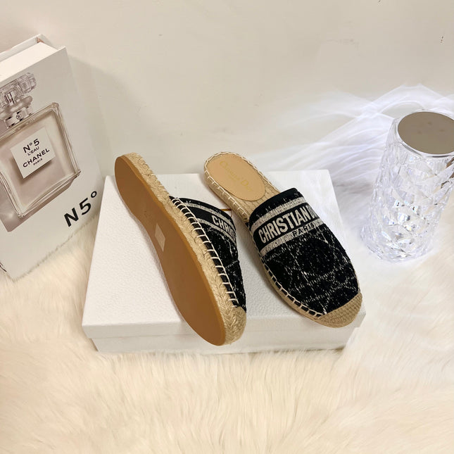 GRANVILLE ESPADRILLE BLACK OBLIQUE EMBROIDERED COTTON MULE