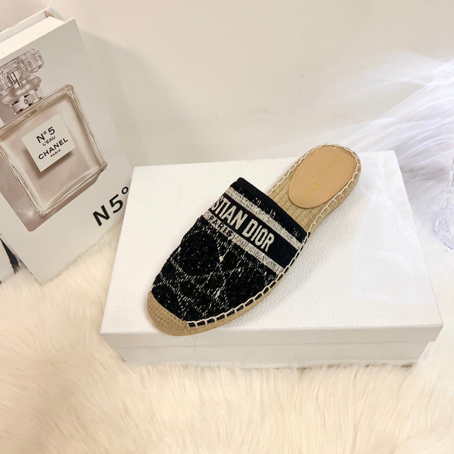 GRANVILLE ESPADRILLE BLACK OBLIQUE EMBROIDERED COTTON MULE