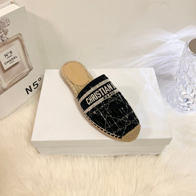 GRANVILLE ESPADRILLE BLACK OBLIQUE EMBROIDERED COTTON MULE