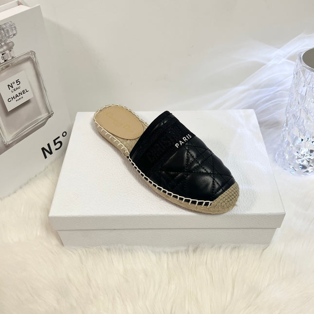 GRANVILLE ESPADRILLE MULE BLACK QUILTED CANNAGE CALFSKIN