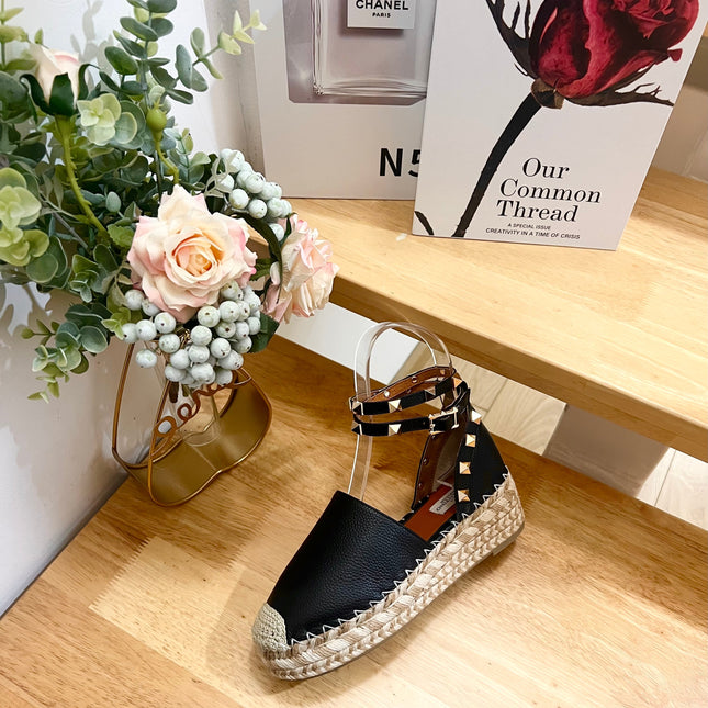 BLACK LEATHER ROCKSTUD ESPADRILLES ANKLE STRAP FLATS