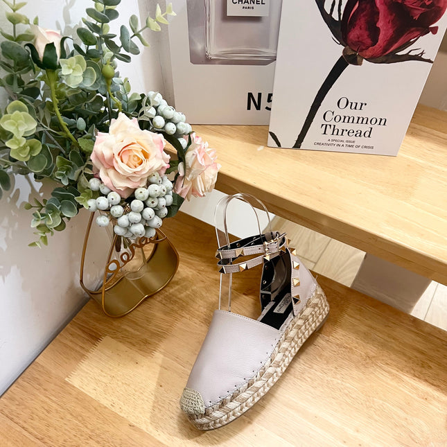 LIGHT PURPLE LEATHER ROCKSTUD ESPADRILLES ANKLE STRAP FLATS