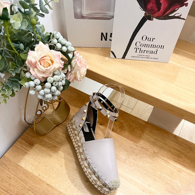 LIGHT PURPLE LEATHER ROCKSTUD ESPADRILLES ANKLE STRAP FLATS